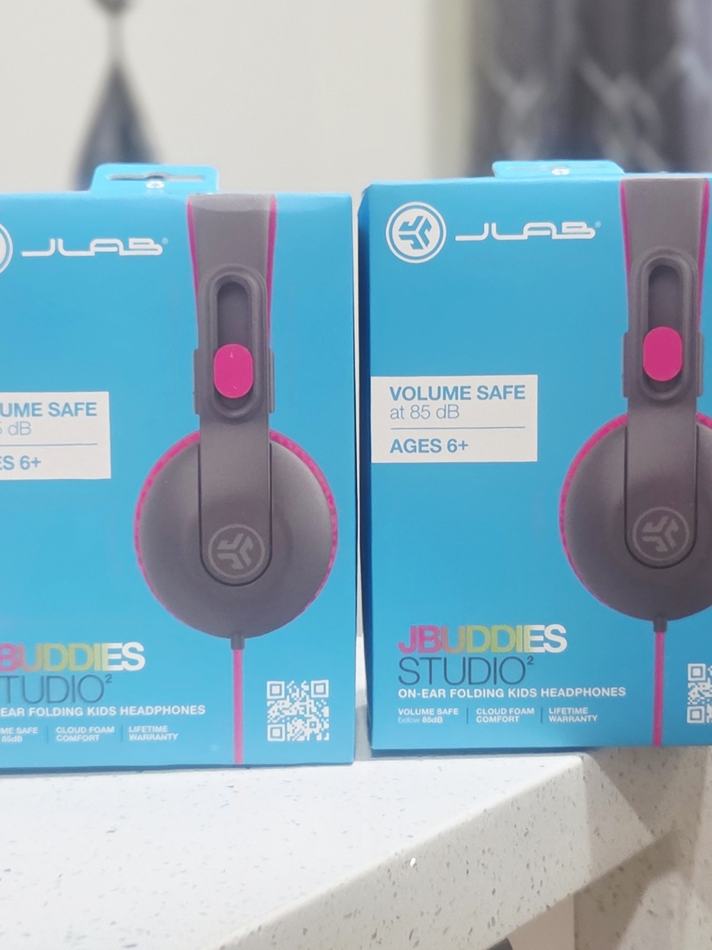 JLab JBuddies Studio Kids Headphones - Gray with Pink Accents X2